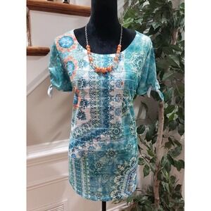 Time And Tru Womens Blue 100% Polyester Short Sleeve Round Neck Top Blouse Large